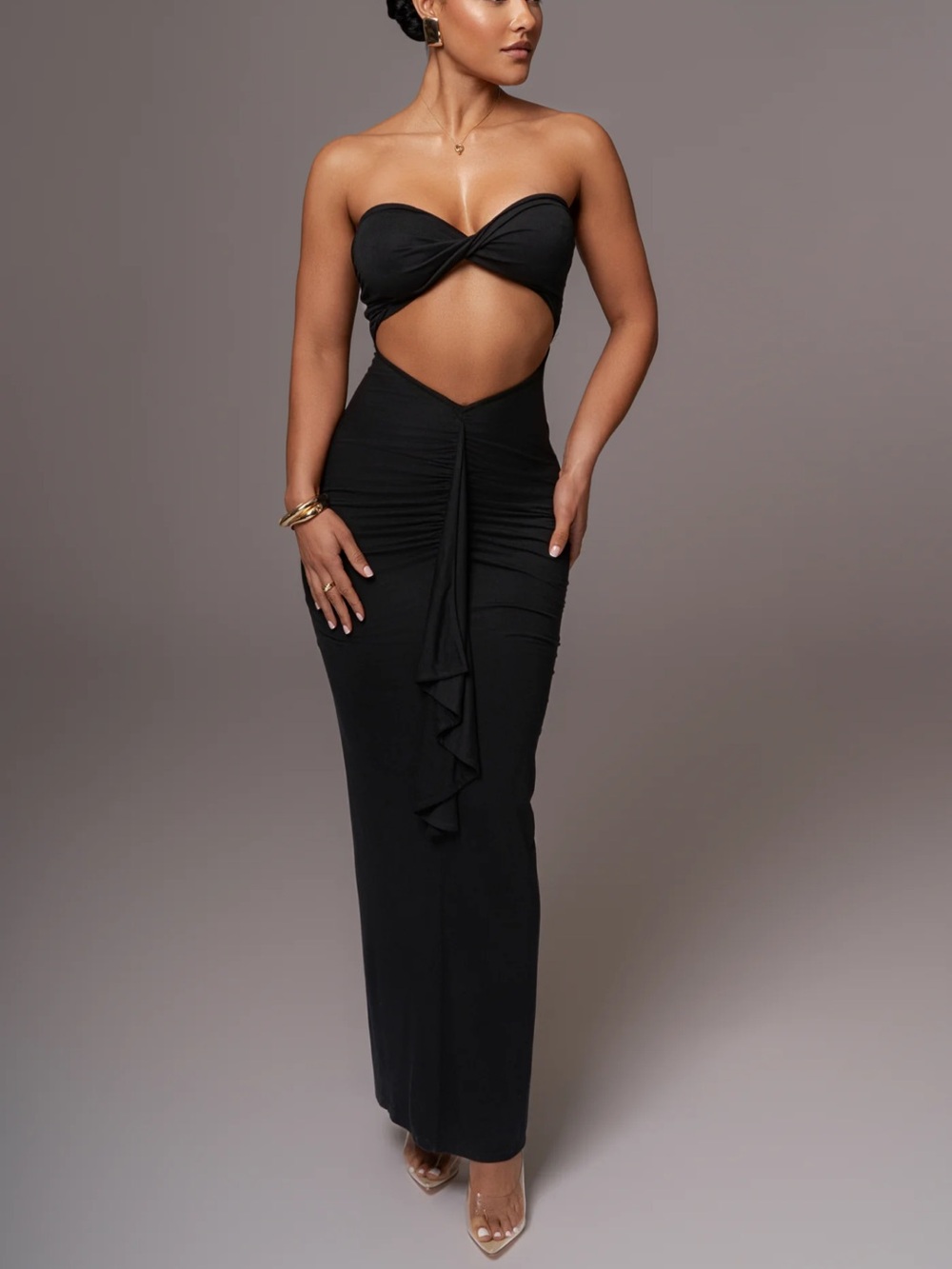 JLUXLABEL Black Strapless Drape Maxi Dress
